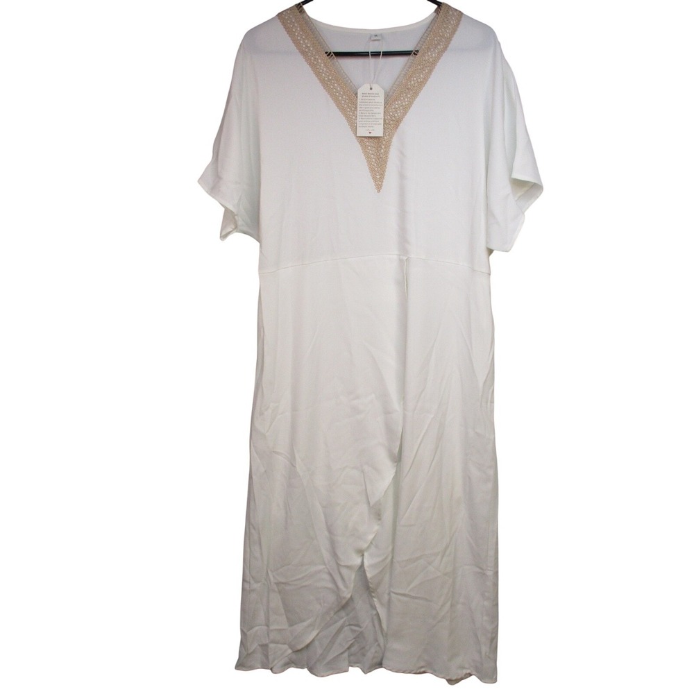 White Boho V-Neck Maxi Dress XL Made With Love Lace Trim Beach Casual Summer Res